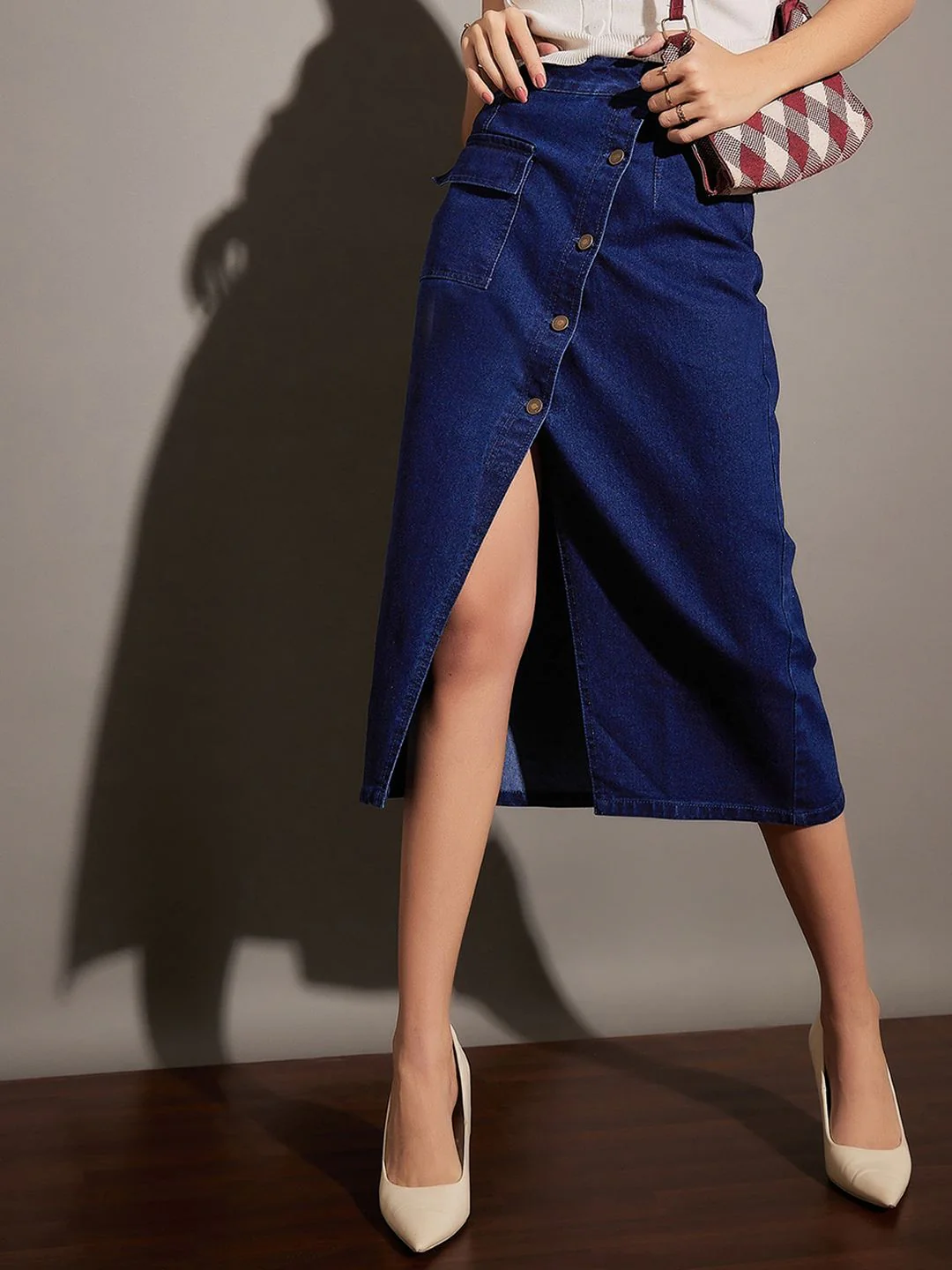 SASSAFRAS Front Button A-Line Denim Skirt