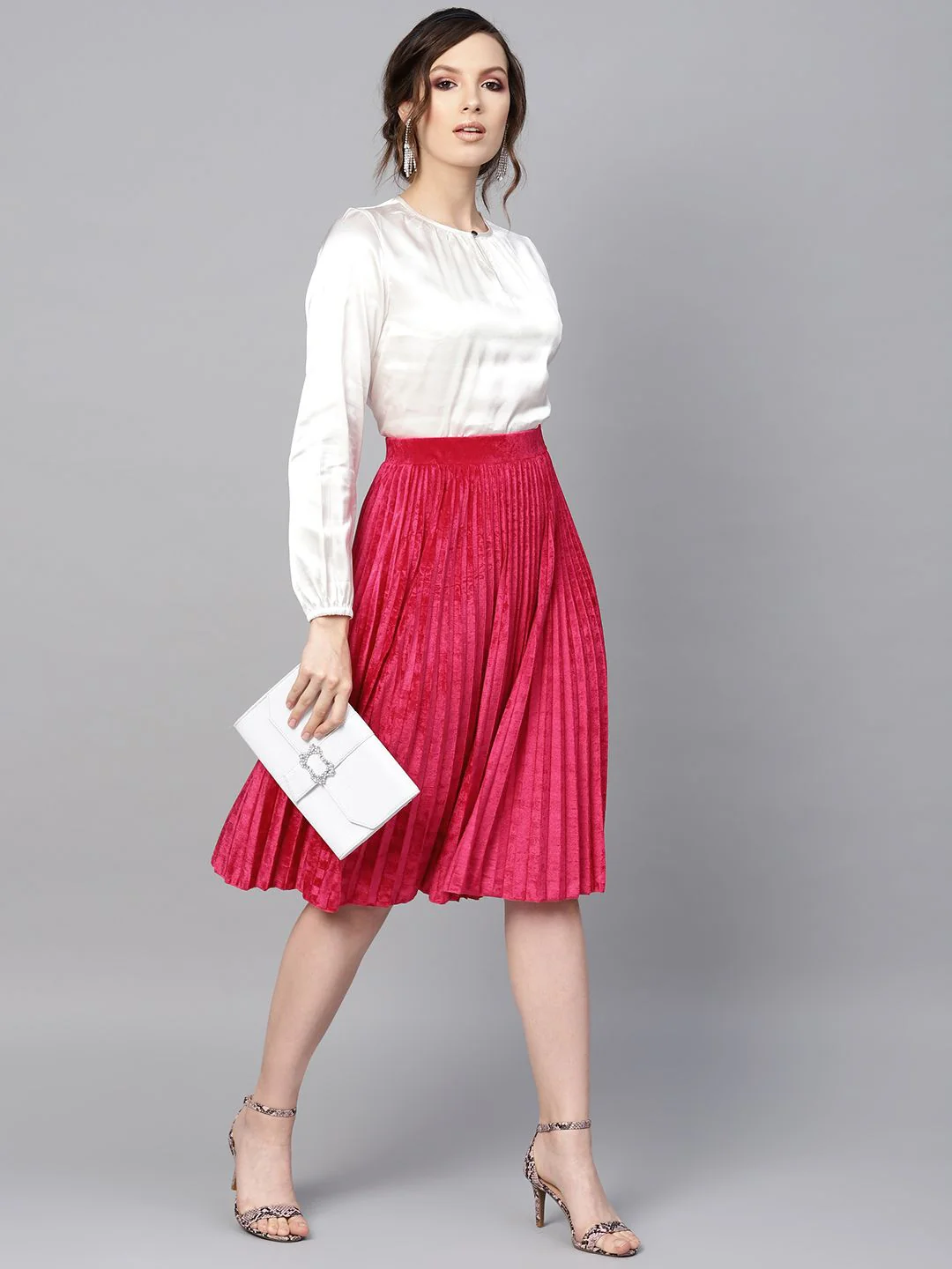 SASSAFRAS Fuchsia Pink Accordion Pleated Velvet Finish Flared Skirt - Image 5