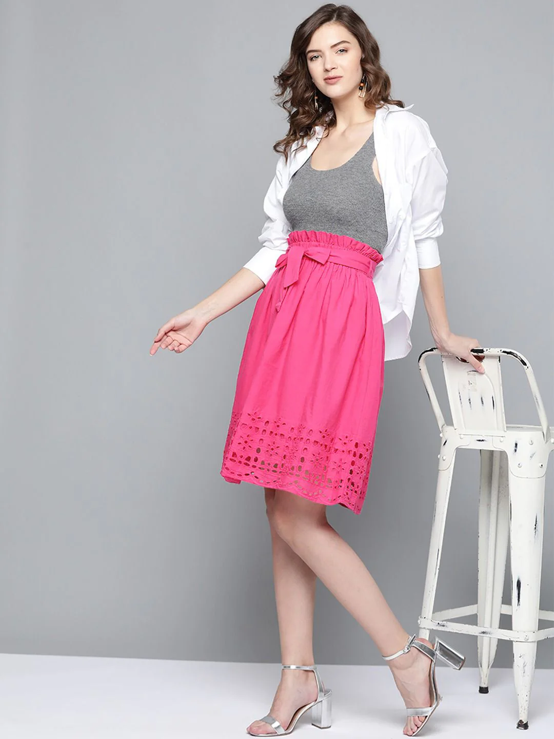 SASSAFRAS Fuchsia Pink Pure Cotton Schiffli Detail Flared Skirt with Belt - Image 5