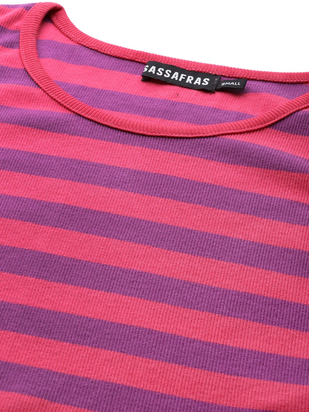SASSAFRAS Fuchsia & Purple Striped One Sleeved Crop Top - Image 2