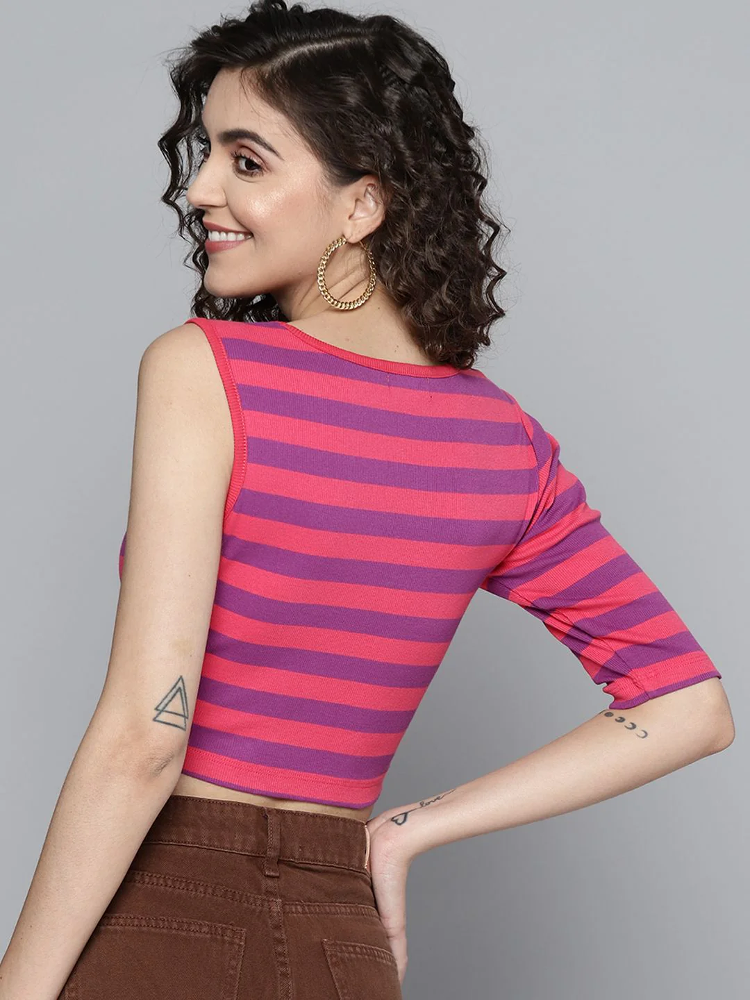 SASSAFRAS Fuchsia & Purple Striped One Sleeved Crop Top - Image 5