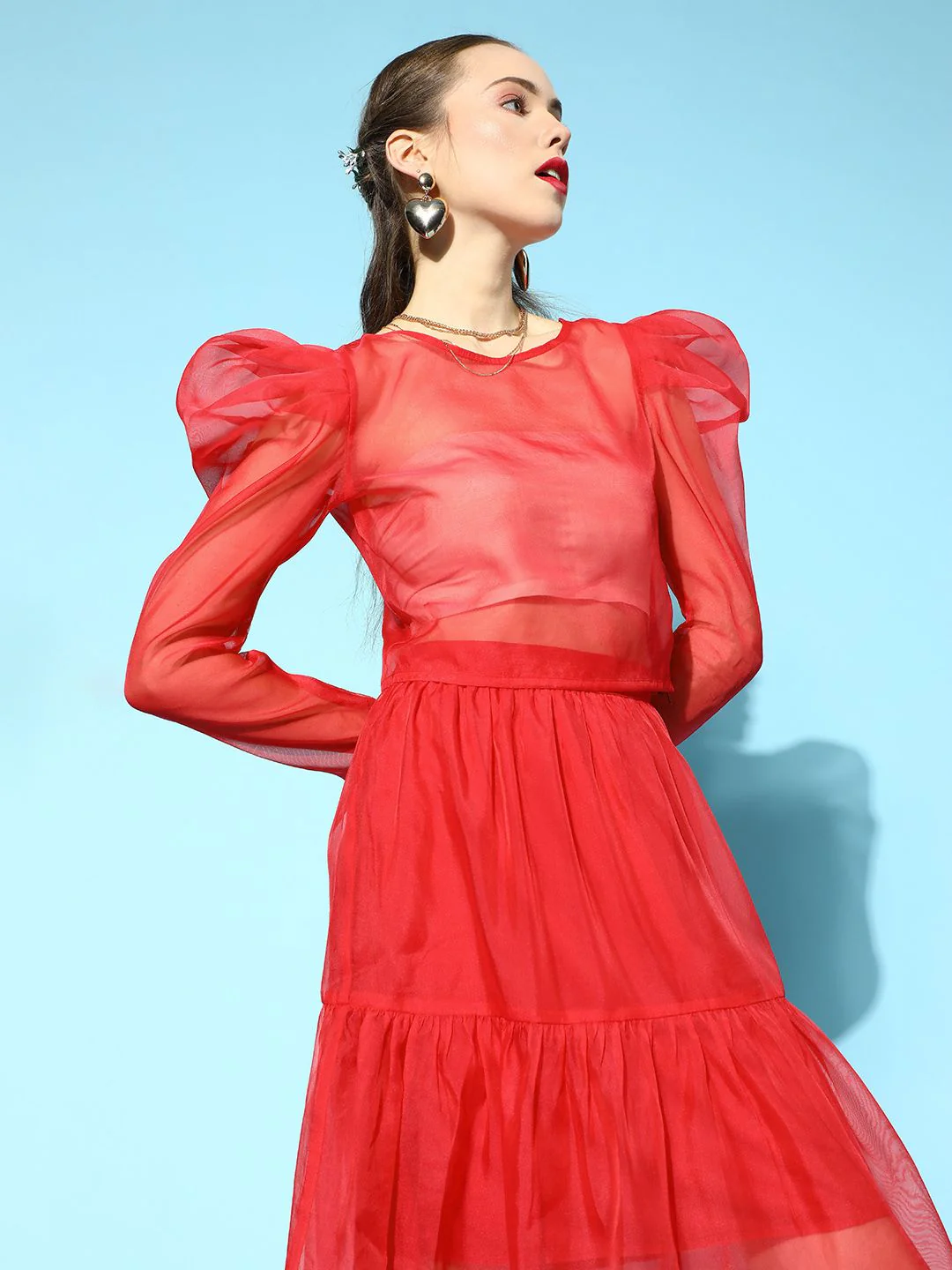 SASSAFRAS Gorgeous Red Solid Sheer Top - Image 3