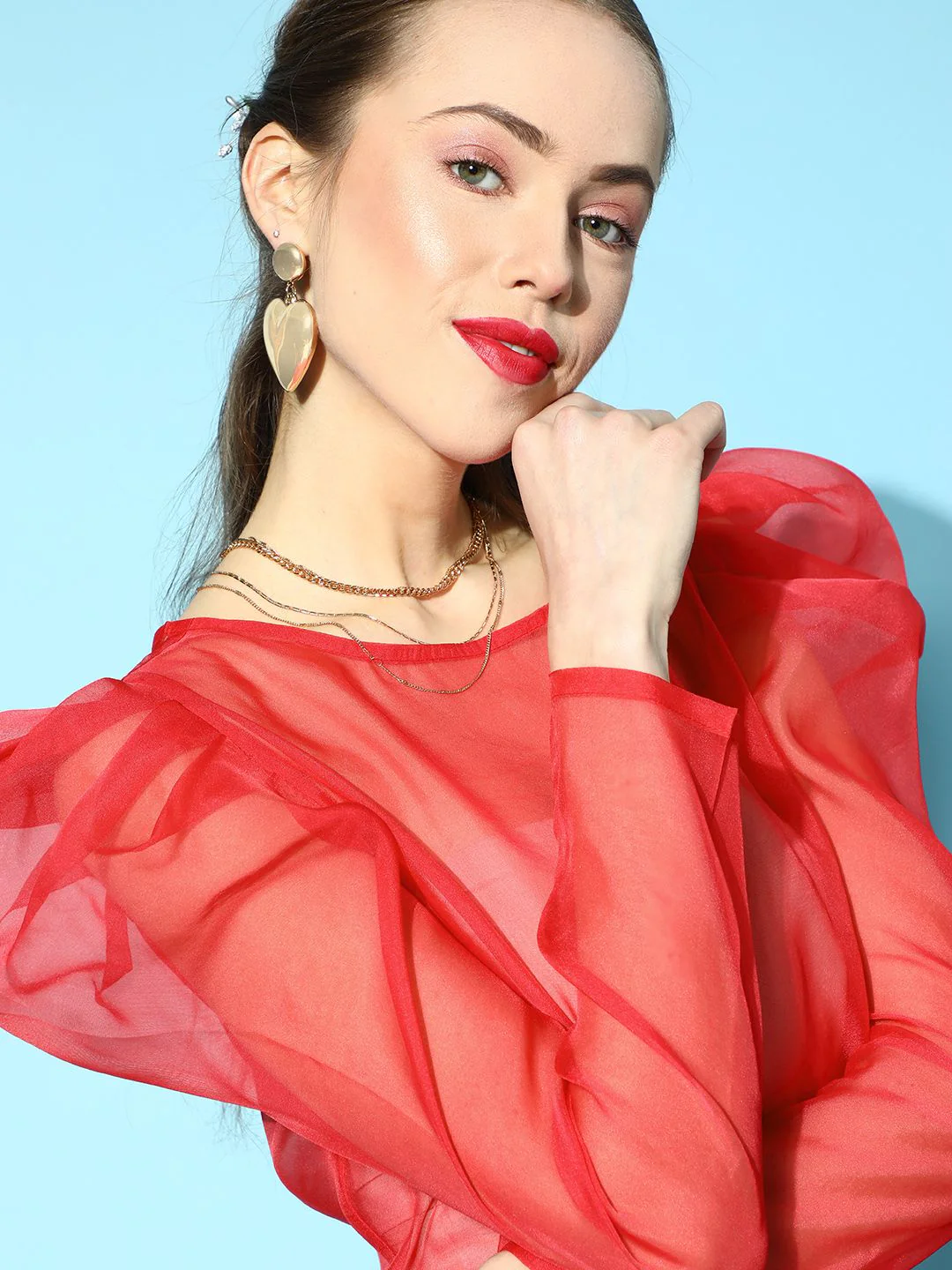 SASSAFRAS Gorgeous Red Solid Sheer Top - Image 4