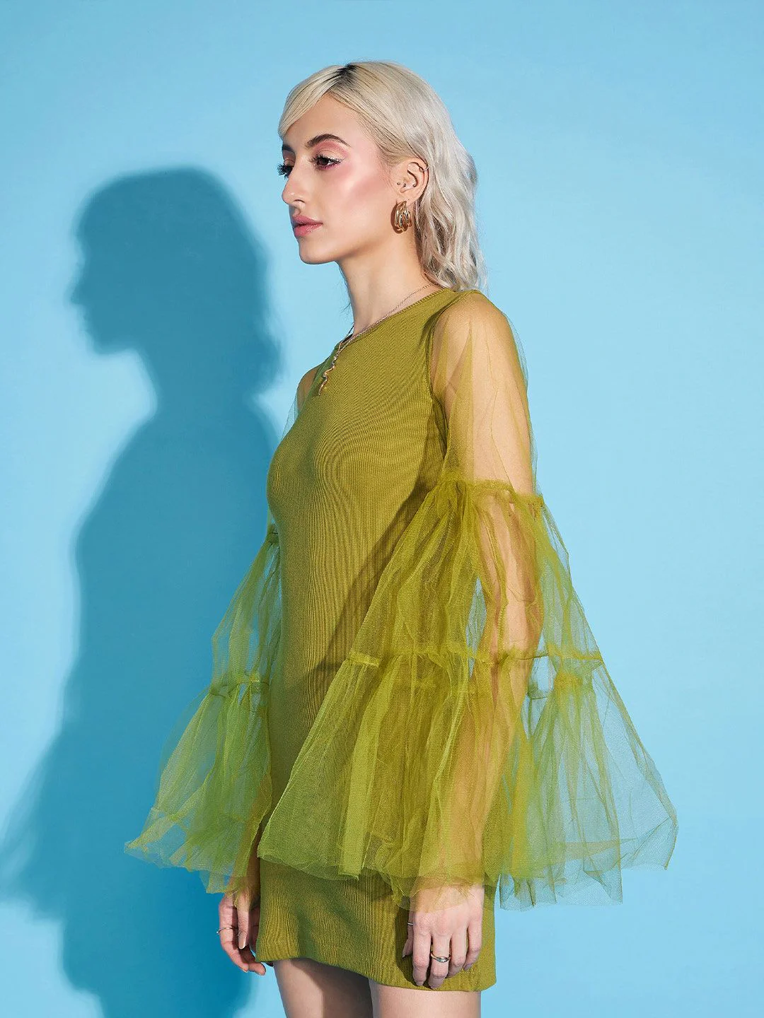 SASSAFRAS Green Bell Sleeve Net Sheath Mini Dress - Image 3