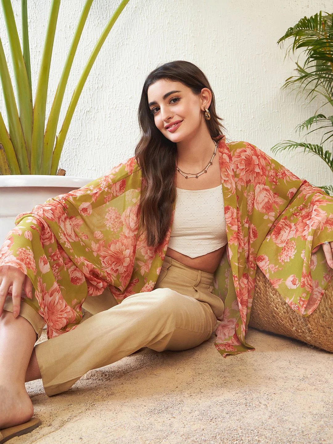 SASSAFRAS Green Floral Printed Kimono Shrug