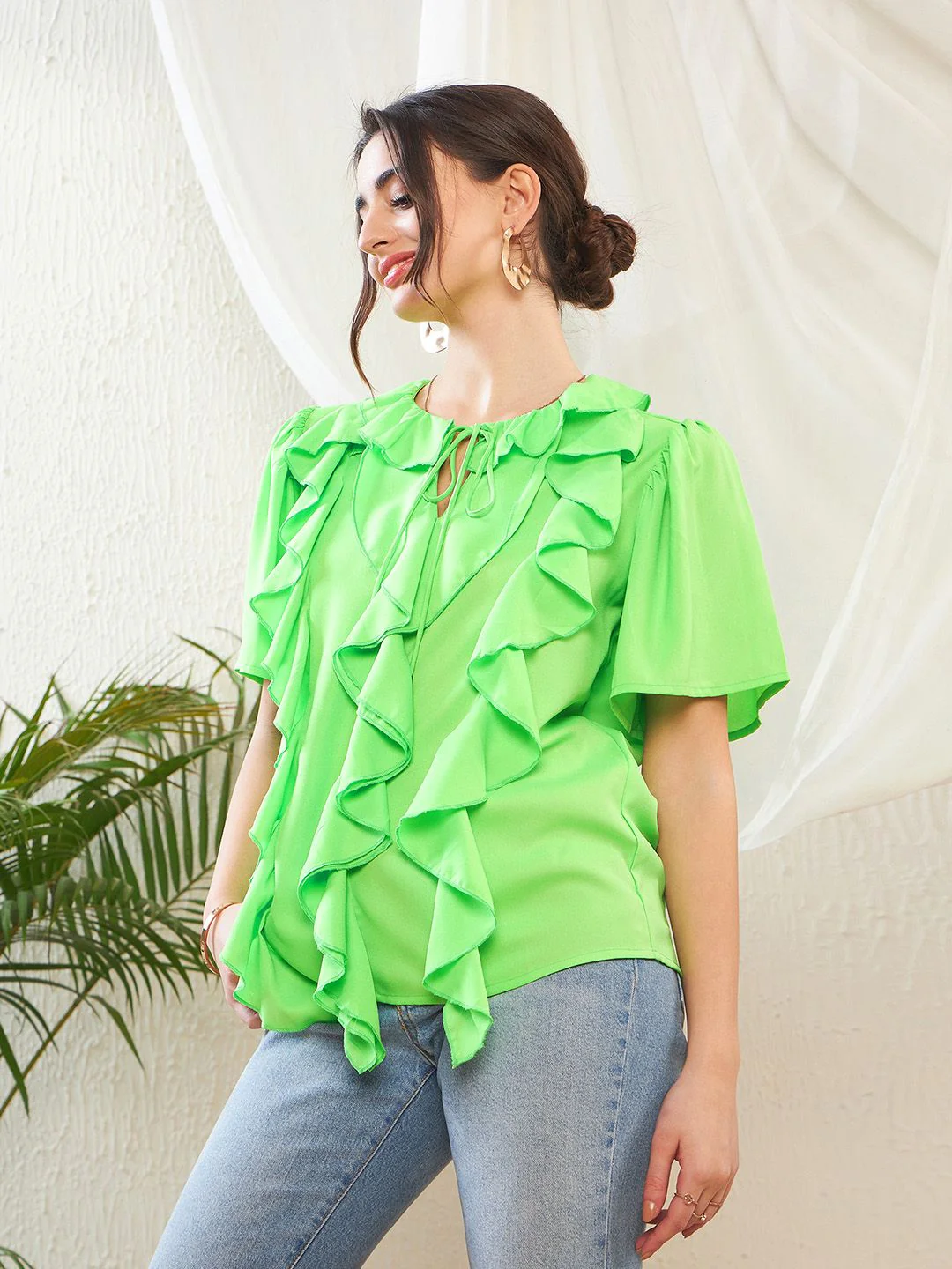 SASSAFRAS Green Keyhole Neck Flared Sleeve Ruffles Georgette Top - Image 2