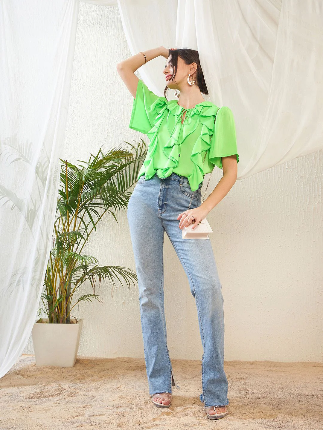 SASSAFRAS Green Keyhole Neck Flared Sleeve Ruffles Georgette Top - Image 6