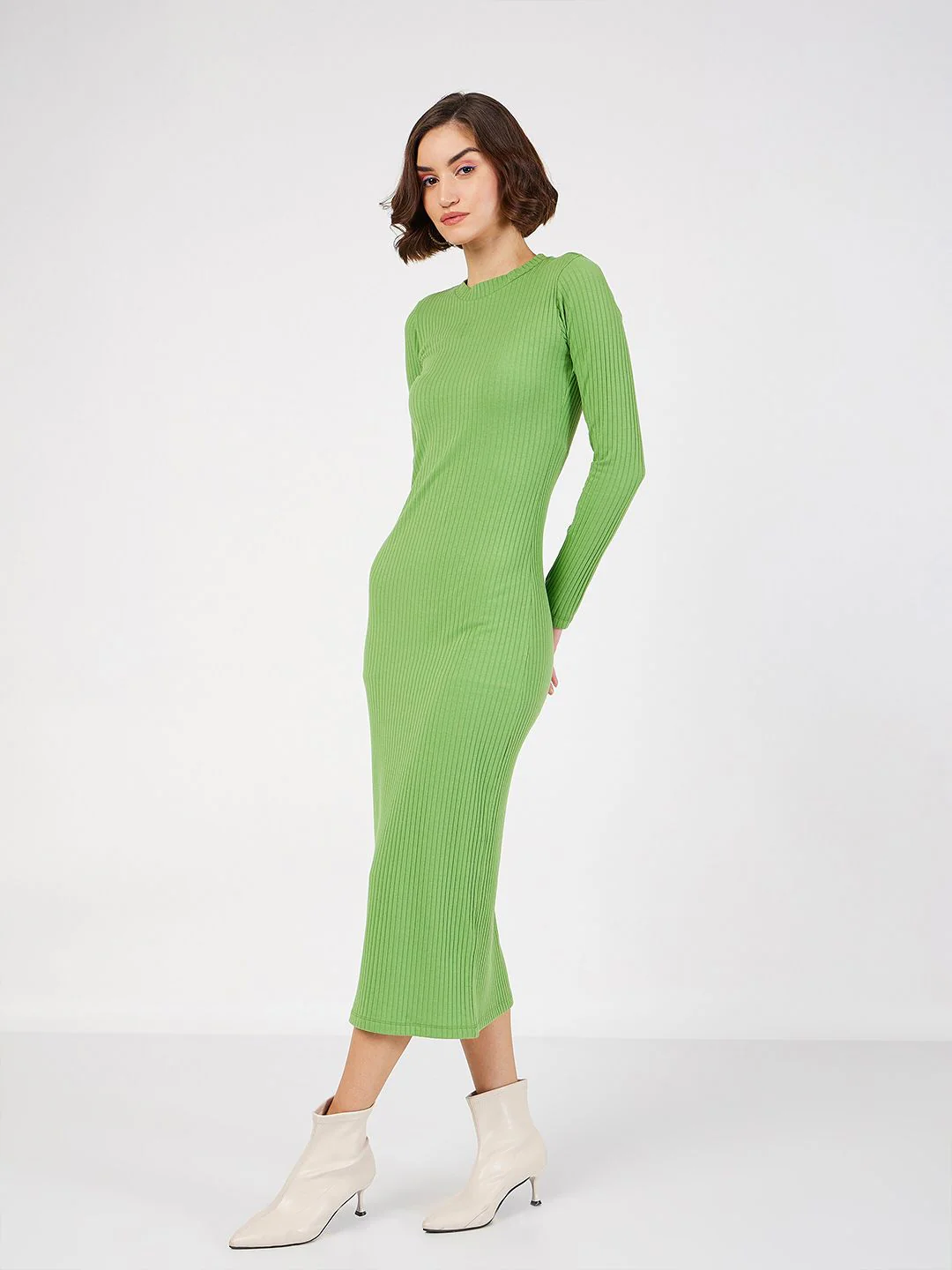 SASSAFRAS Green Ribbed Sheath Midi Dress - Image 3
