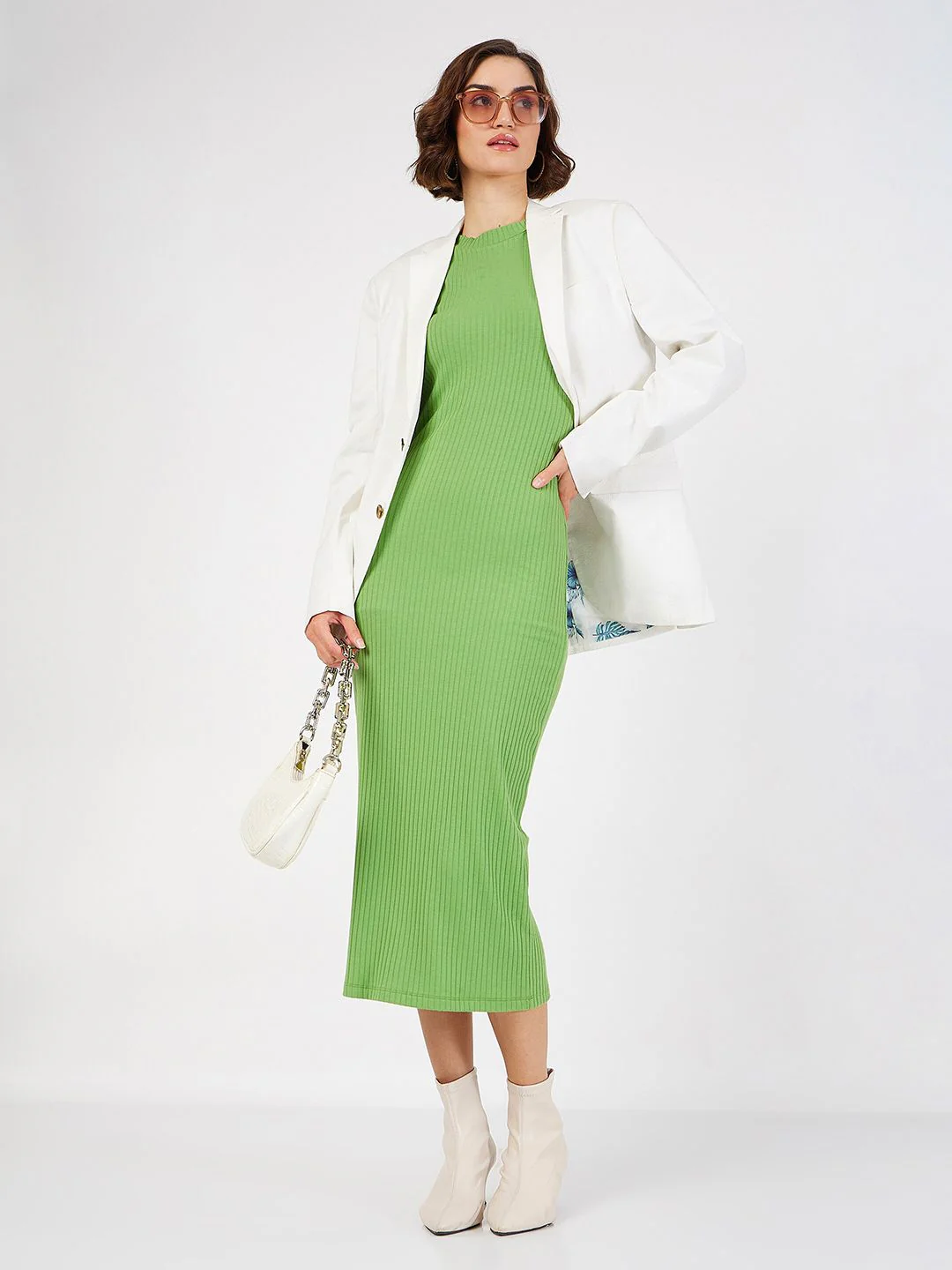 SASSAFRAS Green Ribbed Sheath Midi Dress - Image 4