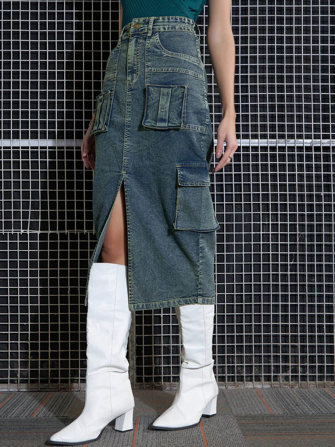 SASSAFRAS Green Washed Cargo Pencil Midi Denim Skirt - Image 10
