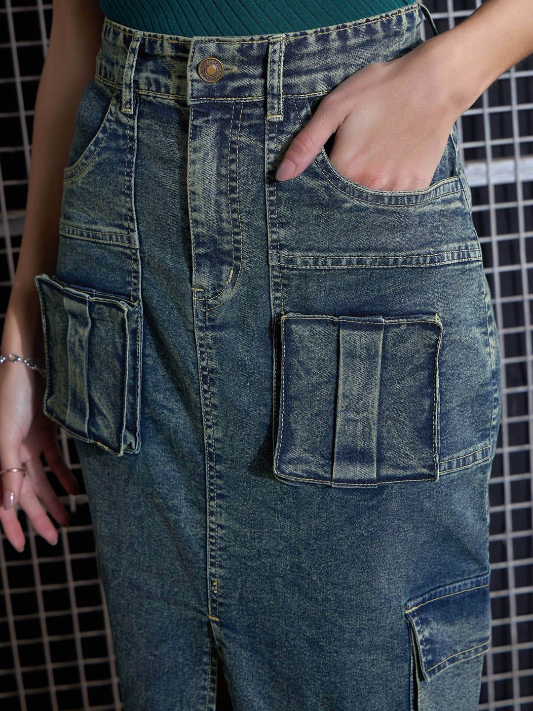 SASSAFRAS Green Washed Cargo Pencil Midi Denim Skirt - Image 14