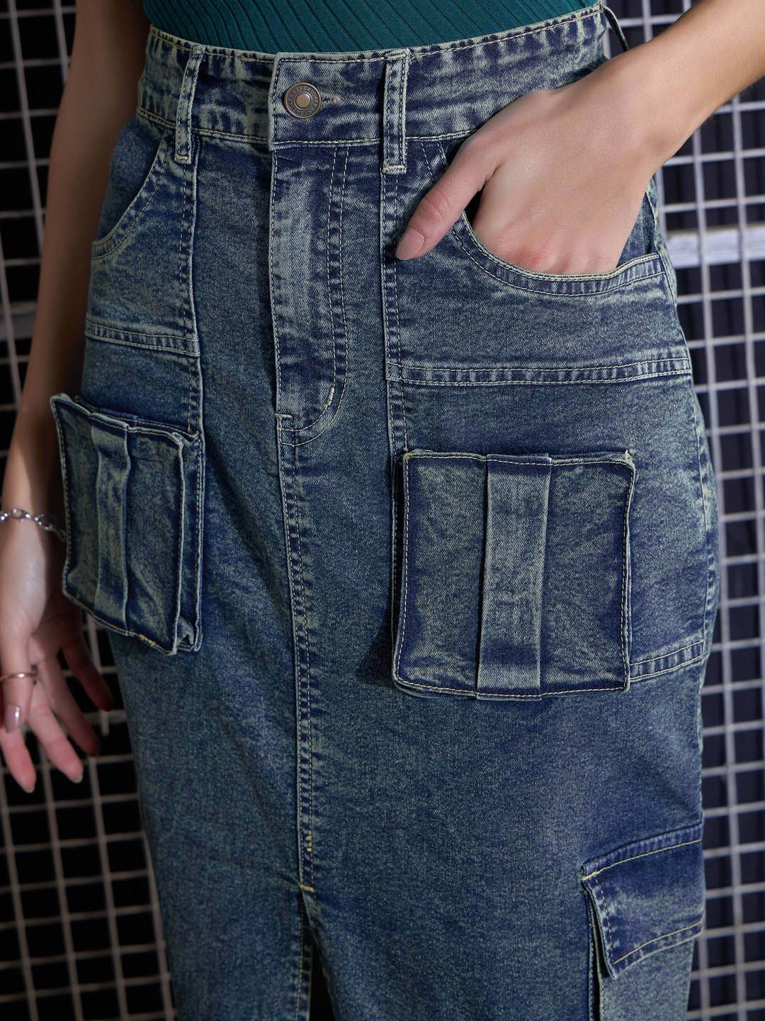 SASSAFRAS Green Washed Cargo Pencil Midi Denim Skirt - Image 7