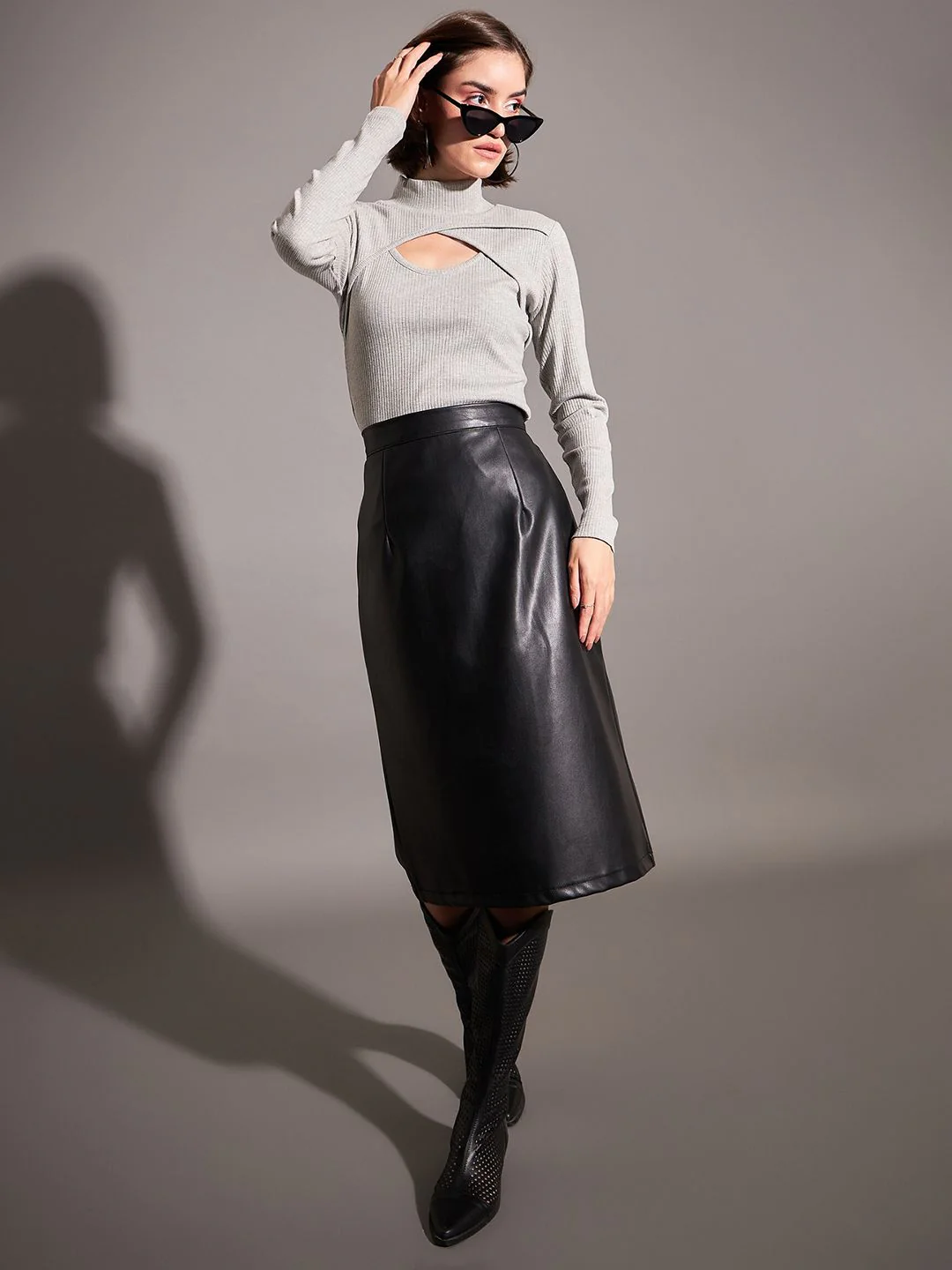 SASSAFRAS Grey High Neck Cut-Out Details Fitted Top - Image 4