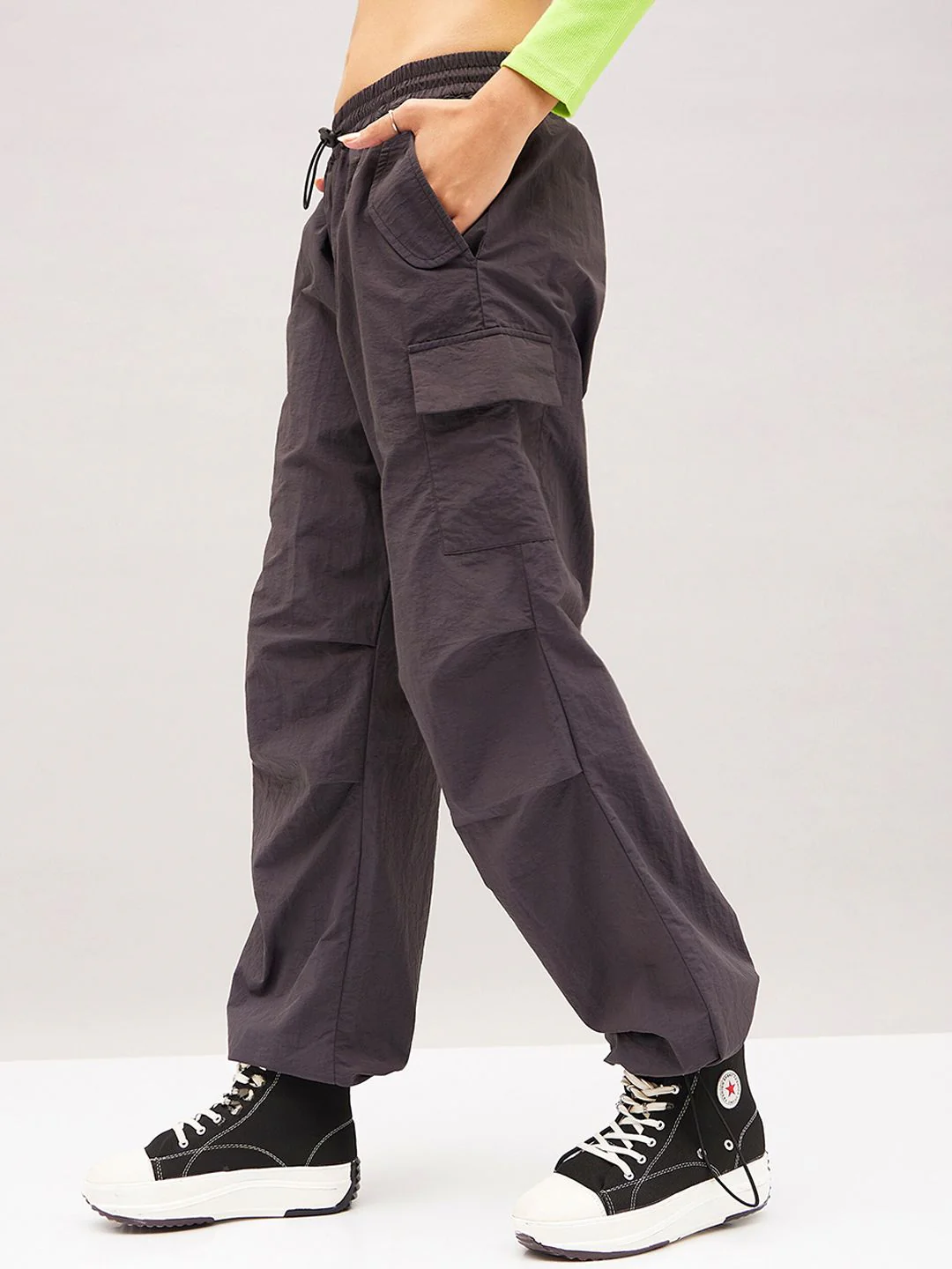 SASSAFRAS Grey Women Straight Fit Travel Features Parachute Cargos Trousers - Image 2