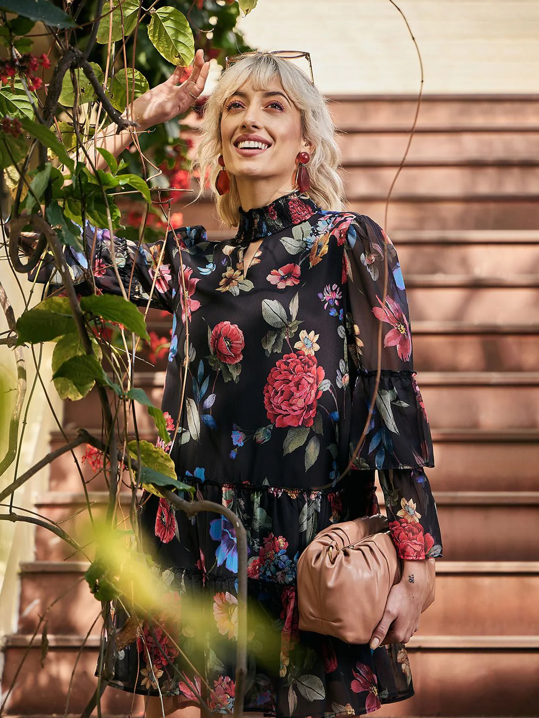 SASSAFRAS High Neck Floral Printed Smocked Tiered Chiffon A-Line Dress - Image 6