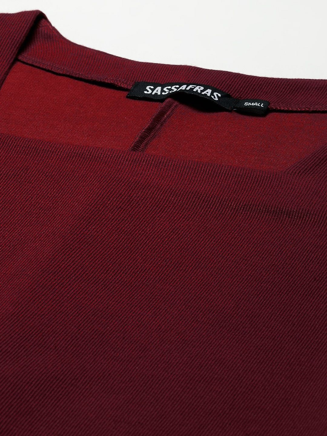 SASSAFRAS Maroon Ribbed Bodycon Dress - Image 2