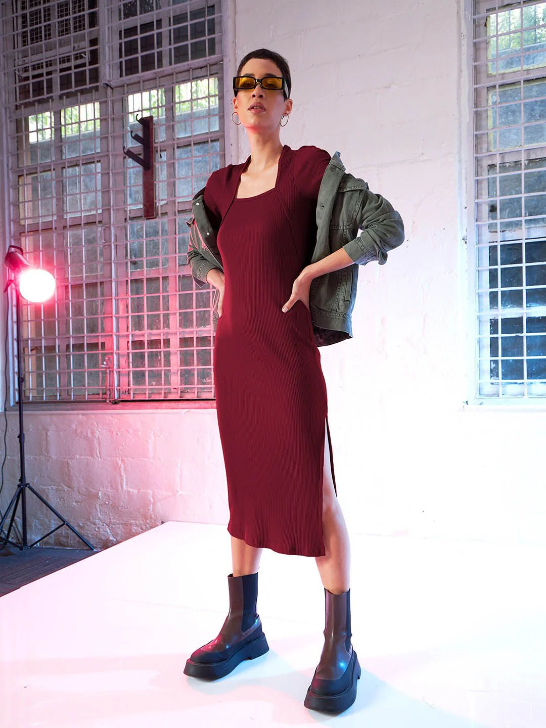 SASSAFRAS Maroon Square Neck Long Sleeve Sheath Midi Dress - Image 4