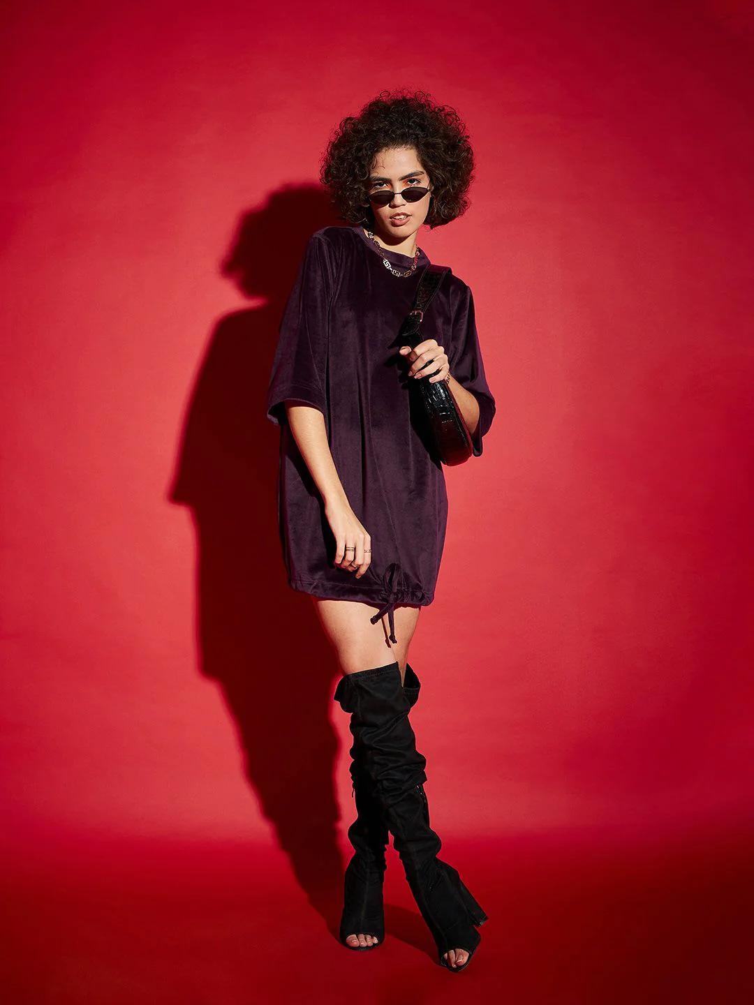 SASSAFRAS Velvet Maroon Tie Up Hem Sheath Dress - Image 6
