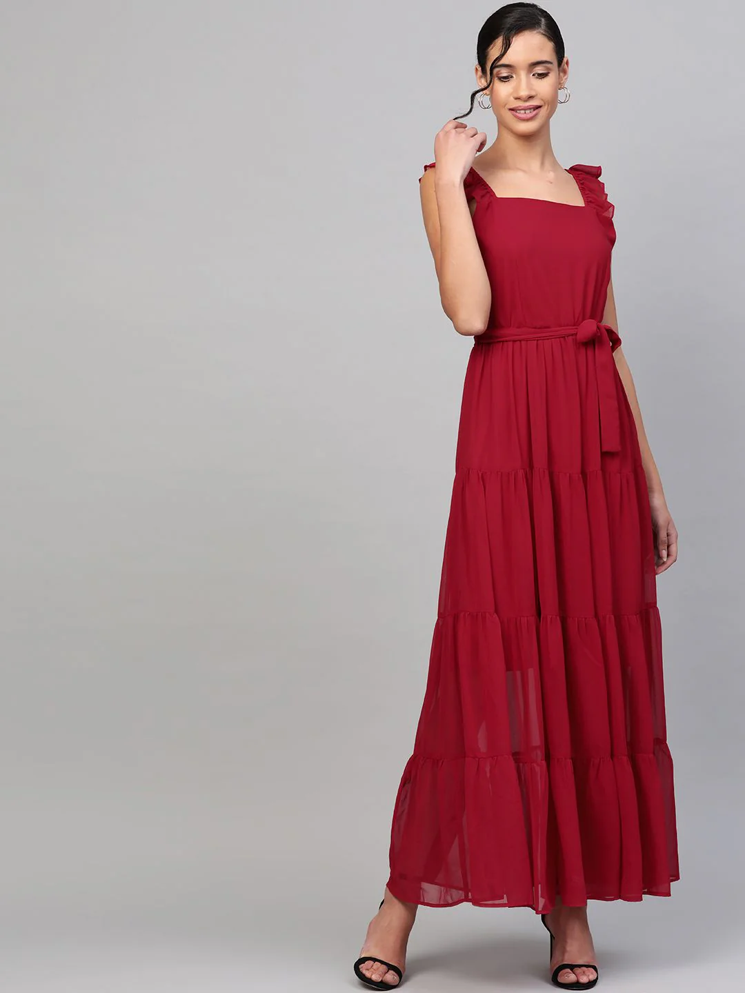 SASSAFRAS Maroon Tiered Maxi Dress - Image 3