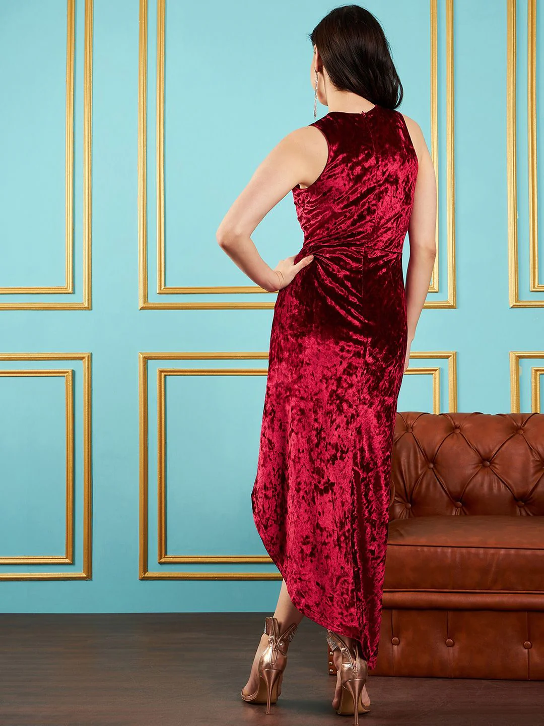 SASSAFRAS Maroon V-Neck Velvet Maxi Party Dress - Image 5