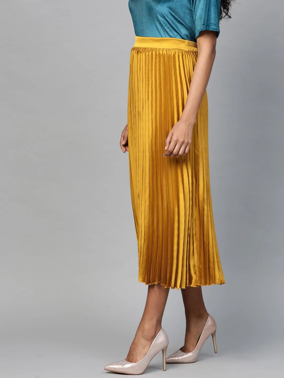 SASSAFRAS Mustard Yellow Accordion Pleated Satin Finish Flared Midi Skirt - Image 2
