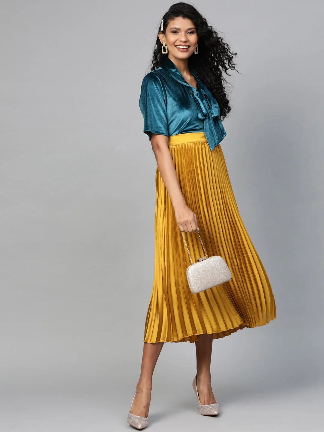 SASSAFRAS Mustard Yellow Accordion Pleated Satin Finish Flared Midi Skirt - Image 5