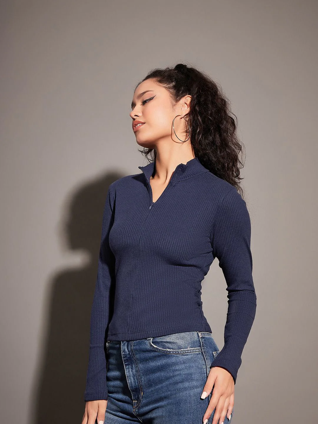 SASSAFRAS Navy Blue High Neck Half Zipper Fitted Top - Image 3