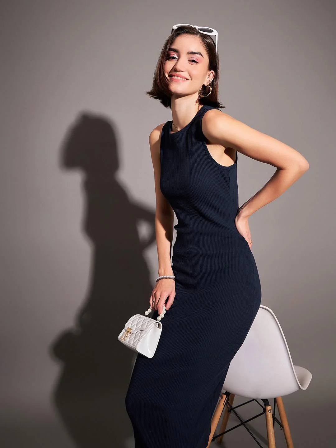 SASSAFRAS Navy Blue Ribbed Sheath Midi Dress - Image 6