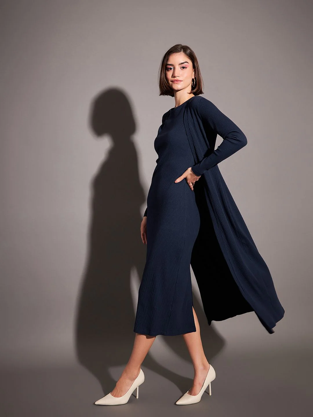 SASSAFRAS Navy Blue Self Design Longline Shrug - Image 3