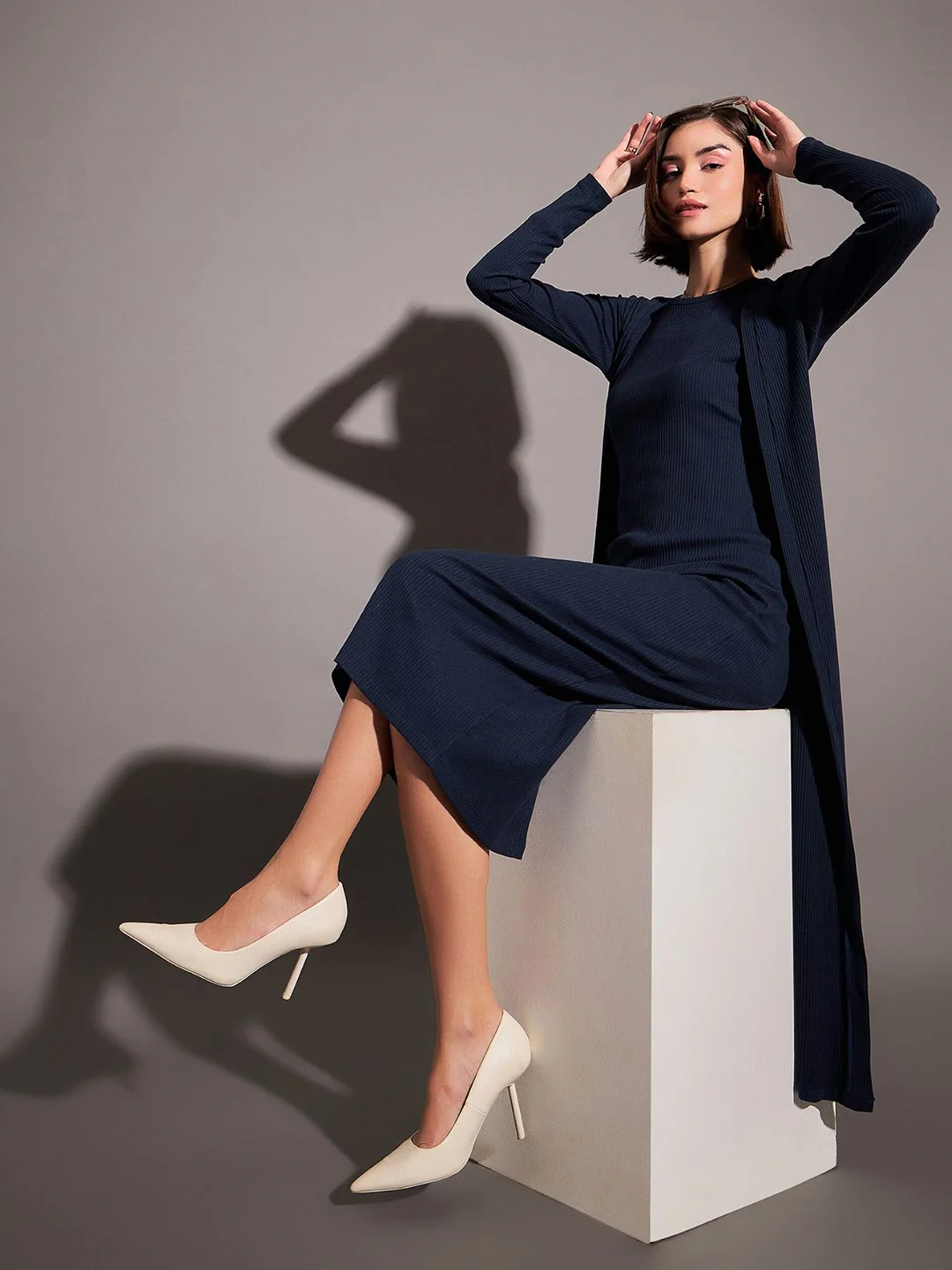 SASSAFRAS Navy Blue Self Design Longline Shrug - Image 4