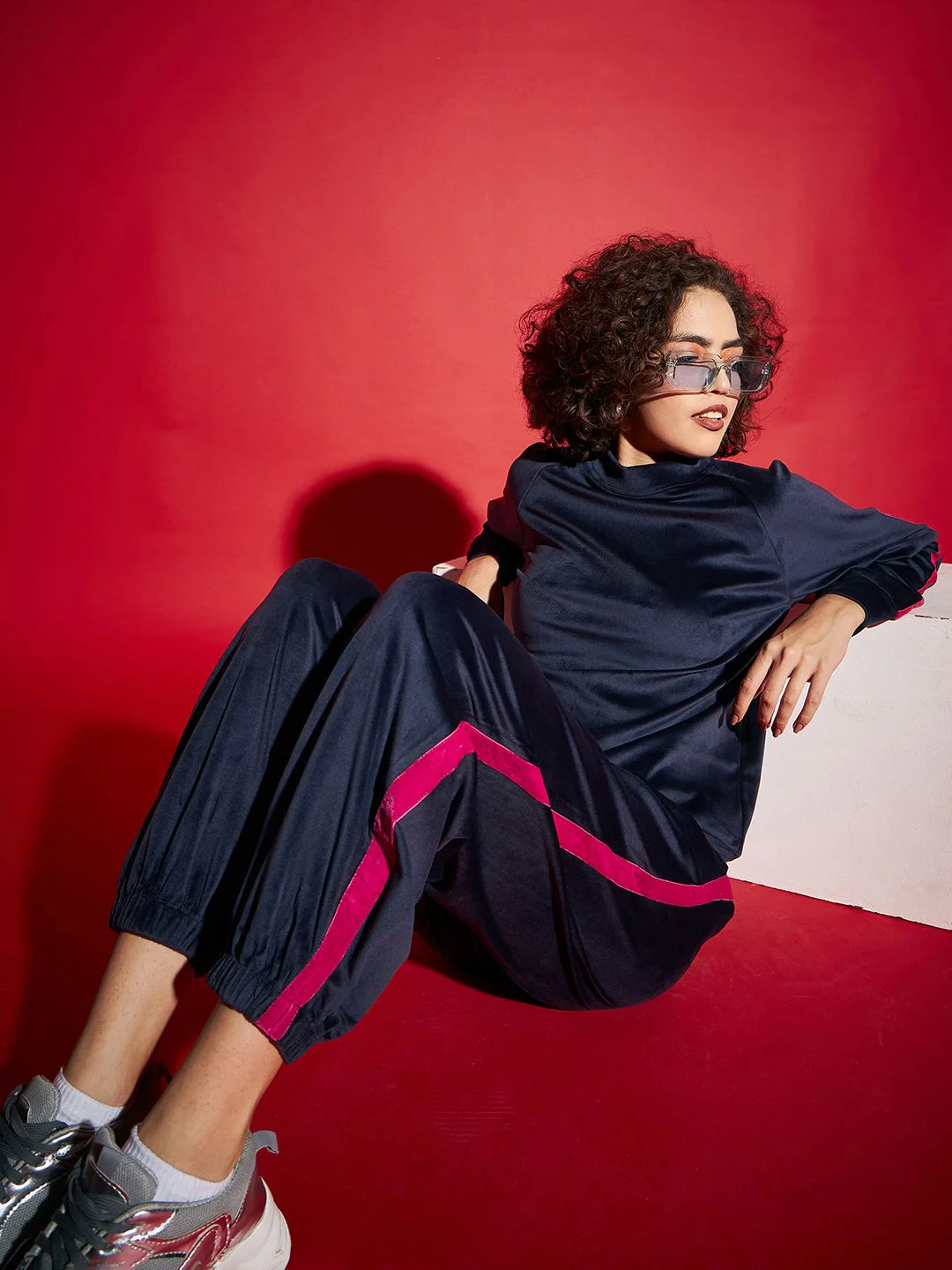 SASSAFRAS Navy Blue Velvet Tape Detail Sweatshirt With Joggers - Image 7