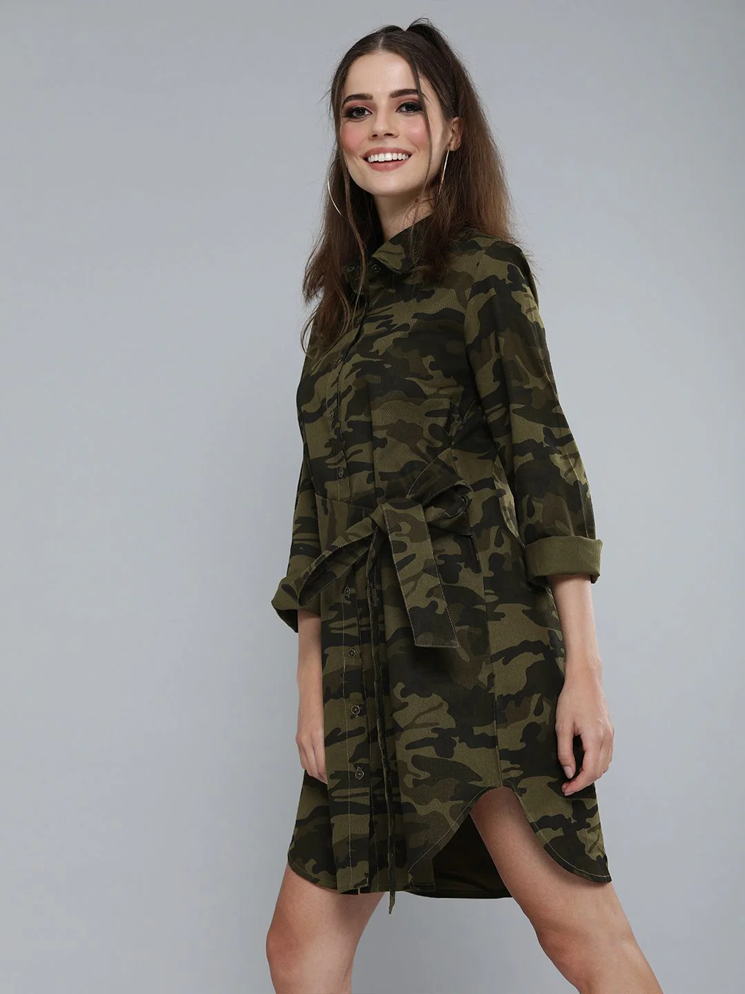 SASSAFRAS Olive Green Camouflage Printed Shirt Dress With Waist Tie-Up Detail - Image 3