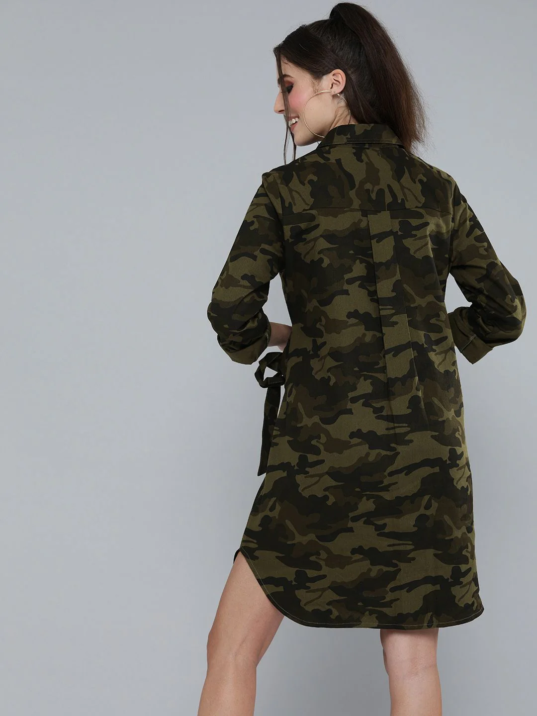 SASSAFRAS Olive Green Camouflage Printed Shirt Dress With Waist Tie-Up Detail - Image 5