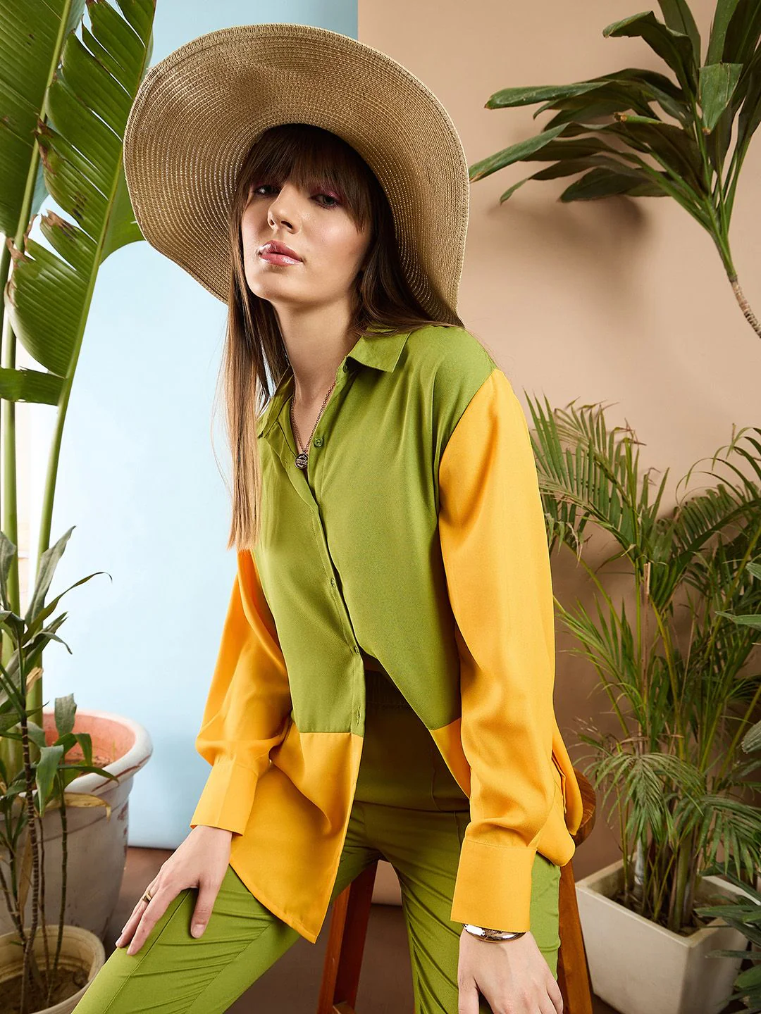 SASSAFRAS Olive Green Colourblocked Shirt With Trousers - Image 7