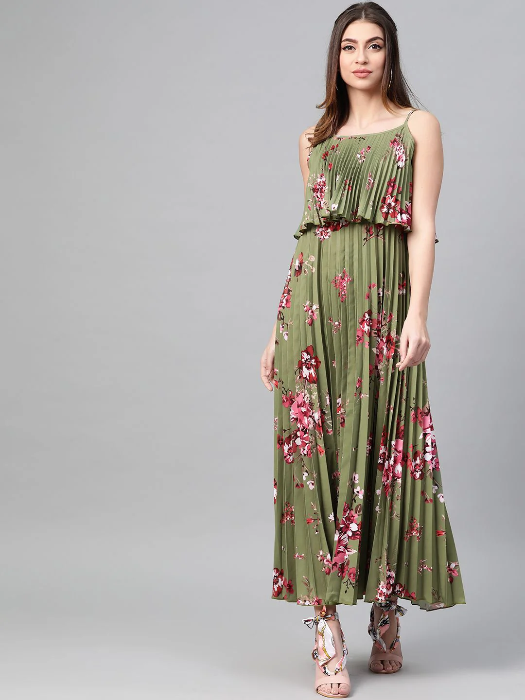 SASSAFRAS Olive Green & Pink Accordion Pleat Printed Maxi Dress - Image 3