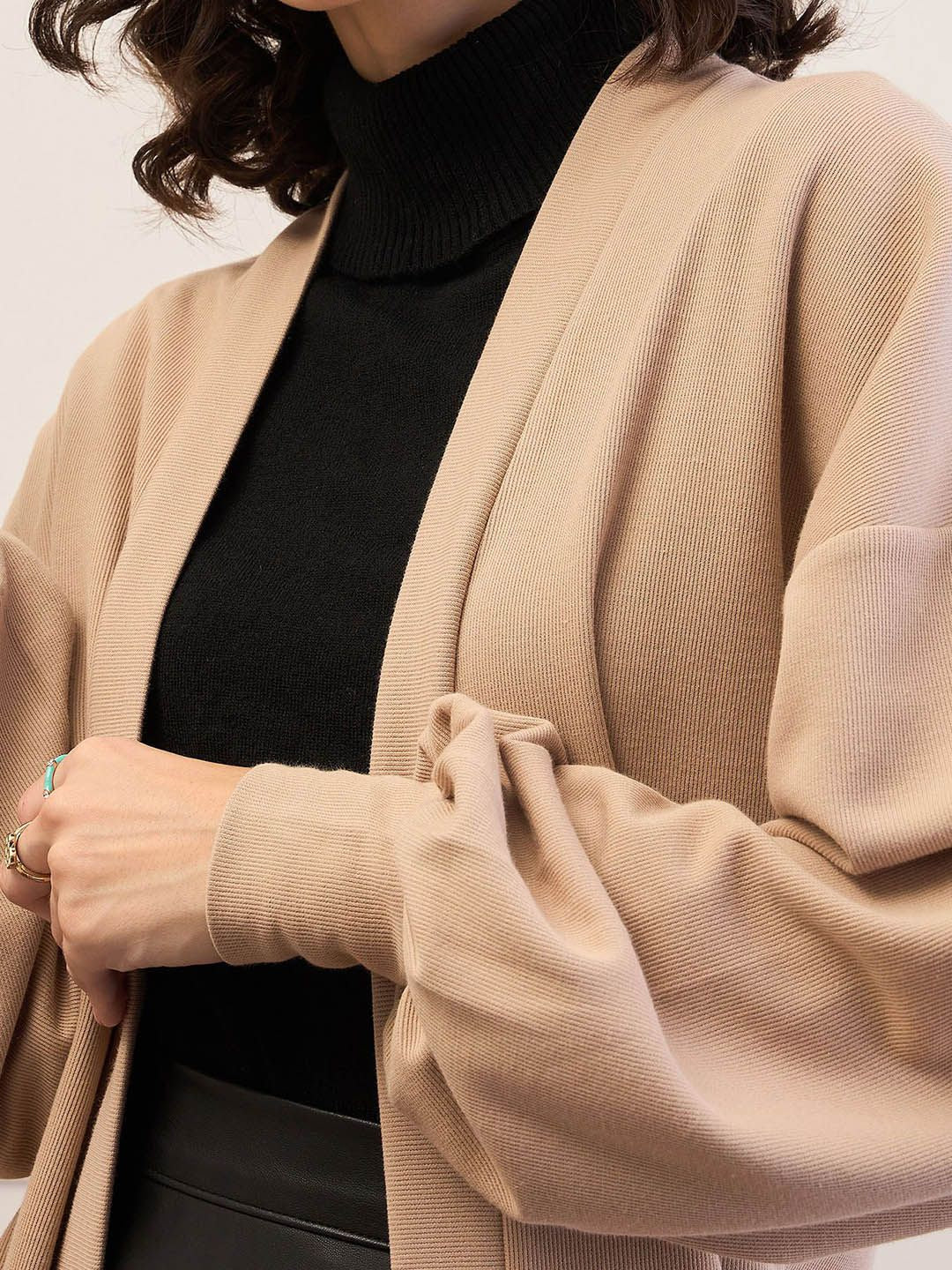 SASSAFRAS Open Front Balloon Sleeves Longline Shrug - Image 3