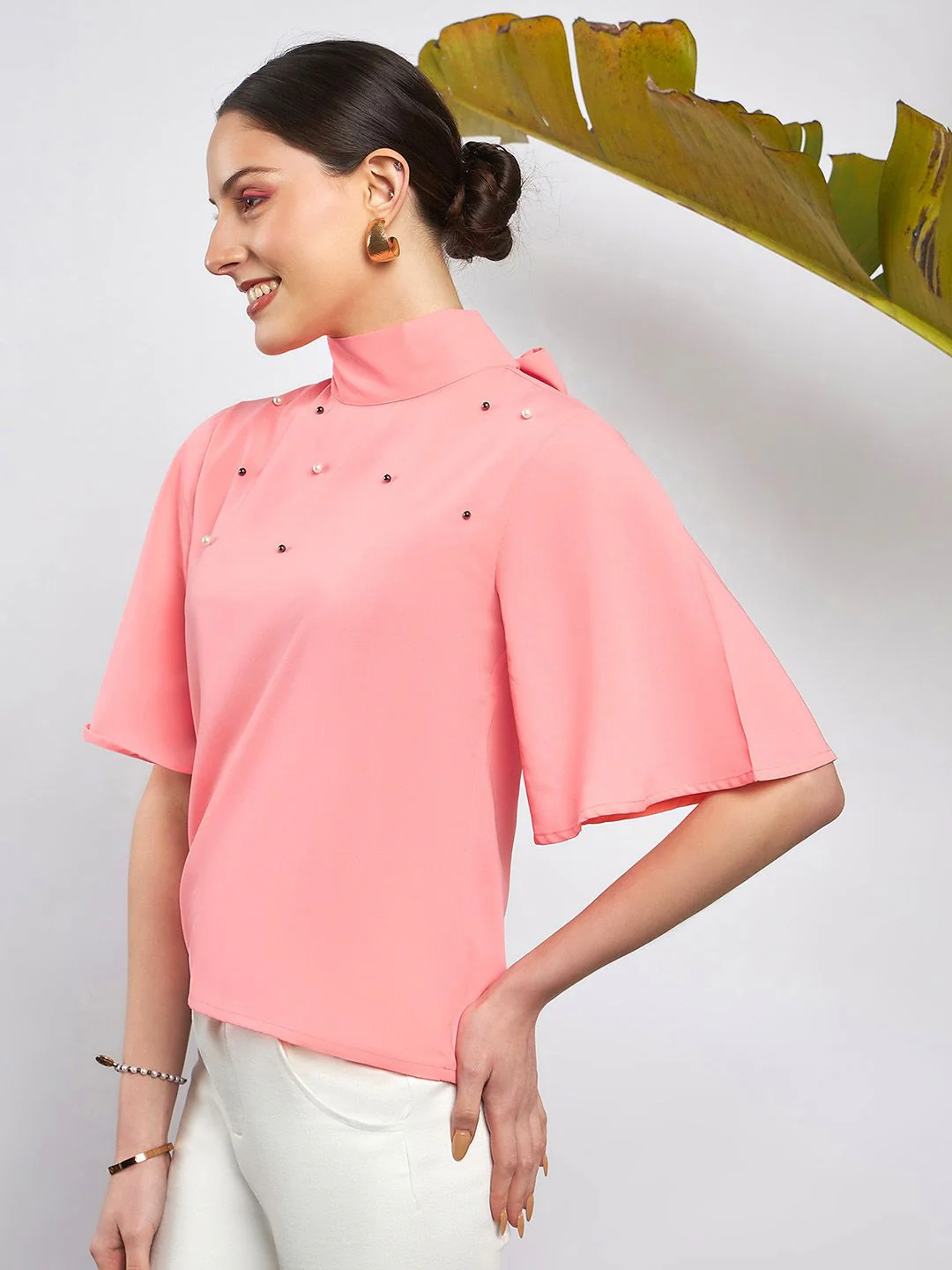 SASSAFRAS Peach-Coloured Embellished High Neck Flared Sleeve Beads & Stones Georgette Top - Image 2