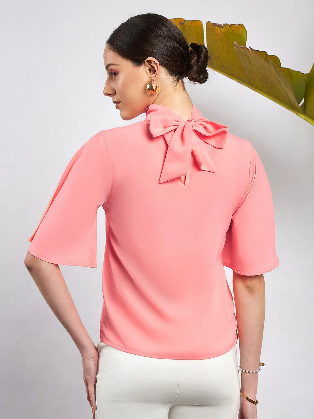 SASSAFRAS Peach-Coloured Embellished High Neck Flared Sleeve Beads & Stones Georgette Top - Image 3