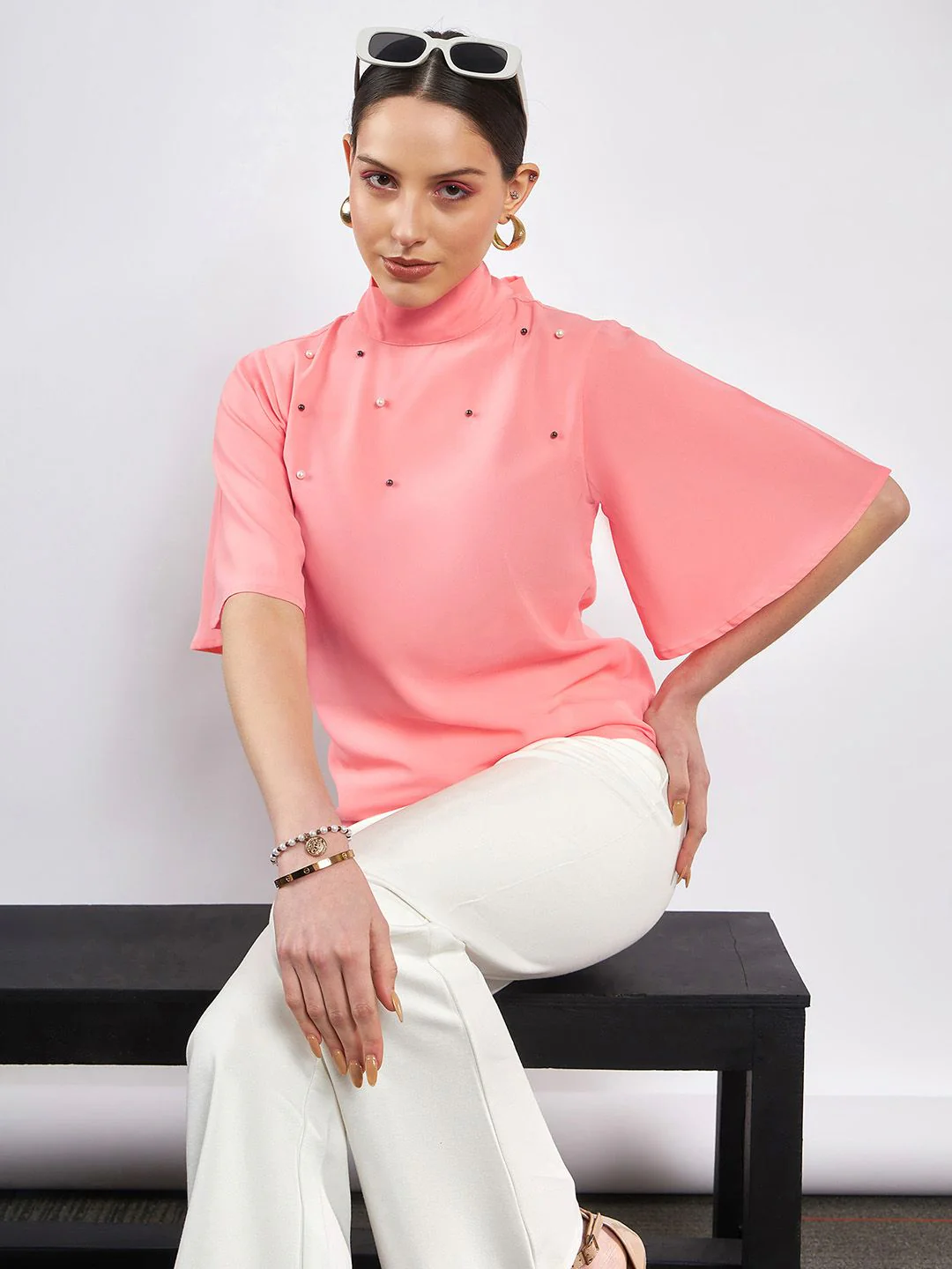 SASSAFRAS Peach-Coloured Embellished High Neck Flared Sleeve Beads & Stones Georgette Top - Image 4