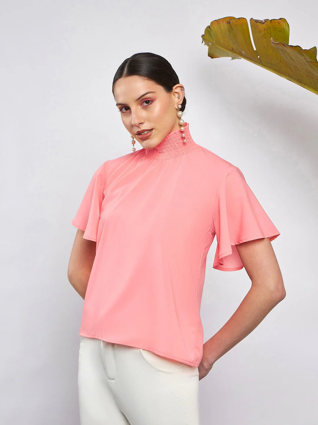 SASSAFRAS Peach-Coloured High Neck Flared Sleeve Smocked Georgette Top - Image 3