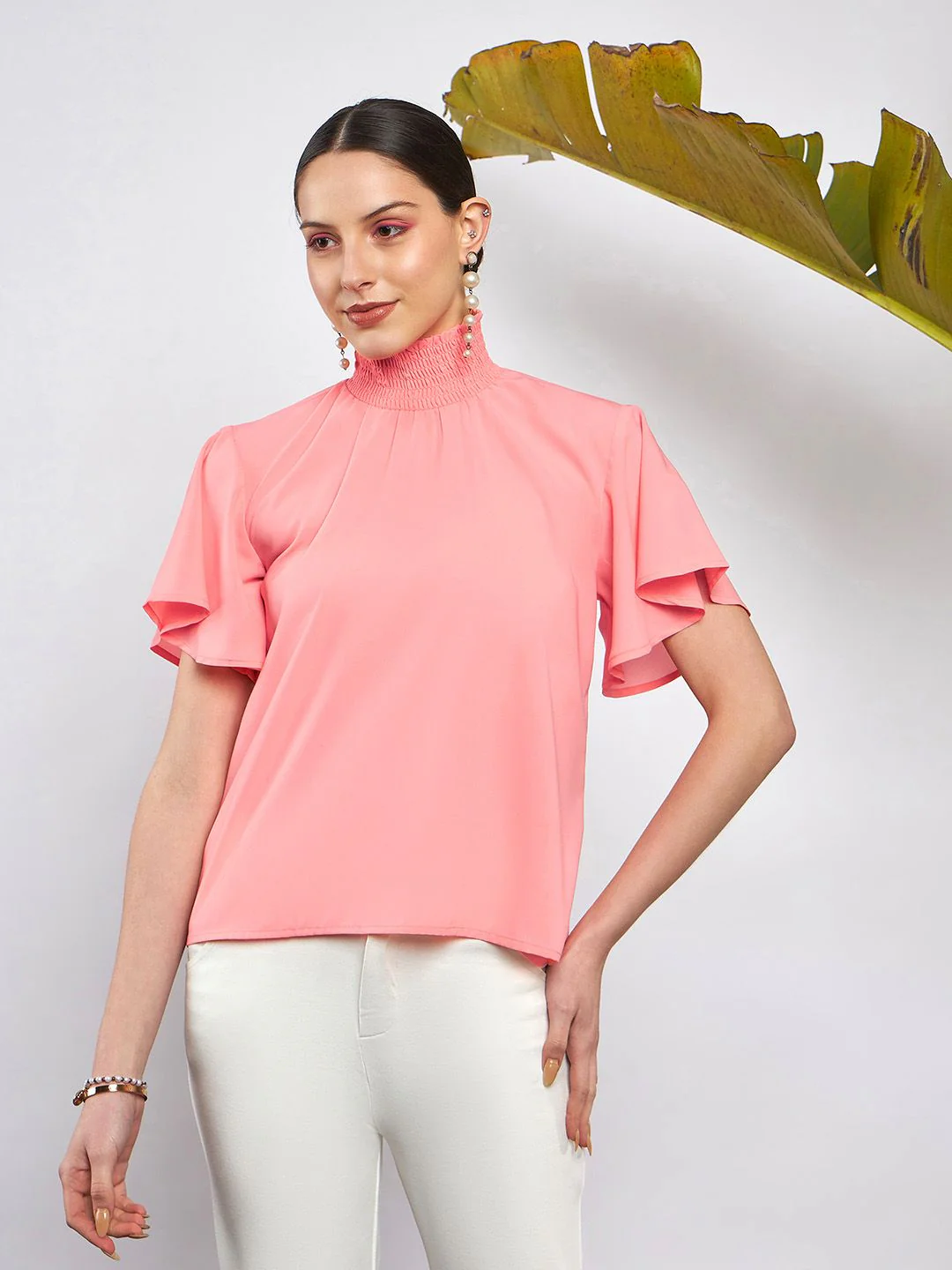 SASSAFRAS Peach-Coloured High Neck Flared Sleeve Smocked Georgette Top - Image 4