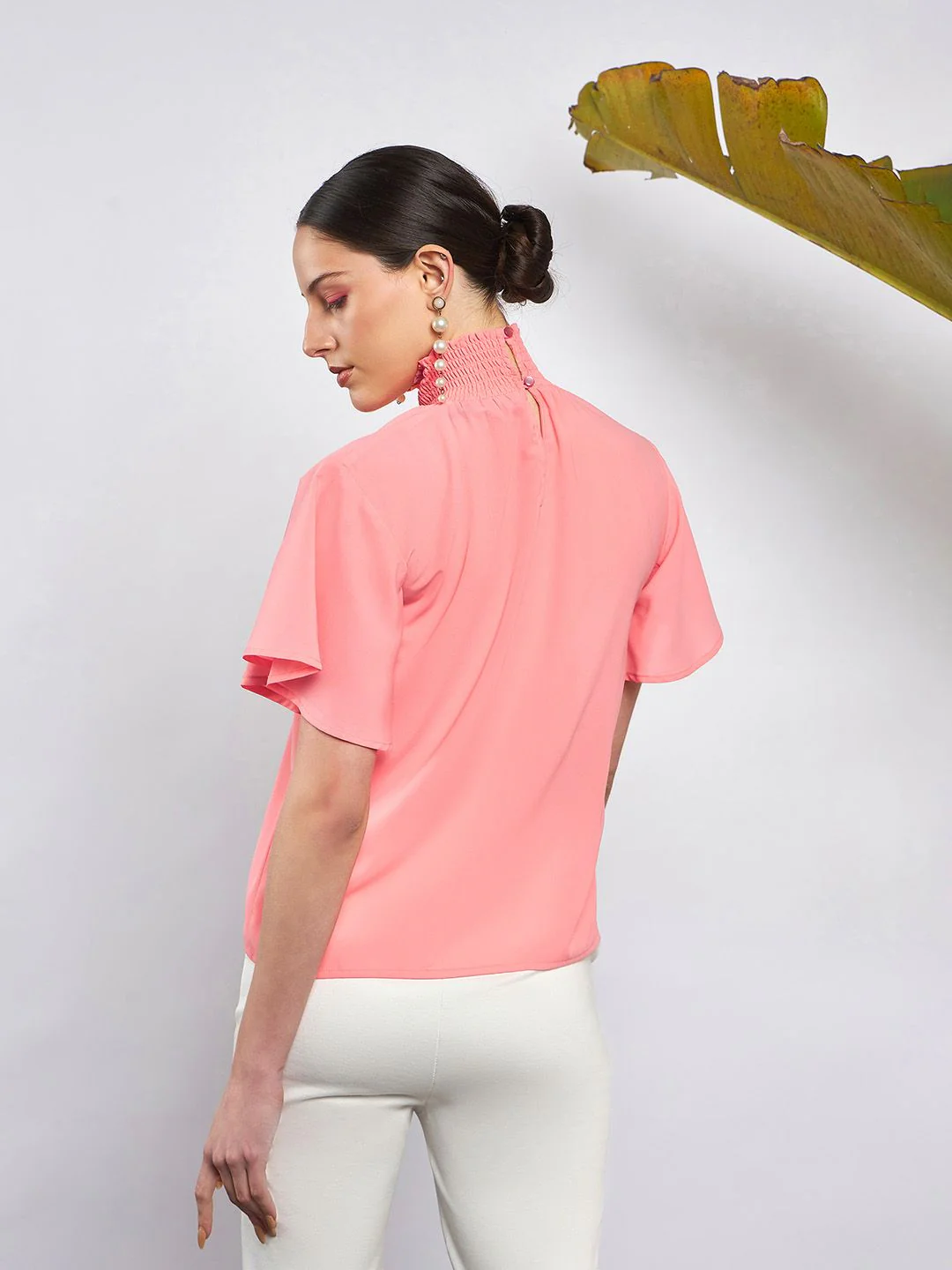 SASSAFRAS Peach-Coloured High Neck Flared Sleeve Smocked Georgette Top - Image 5
