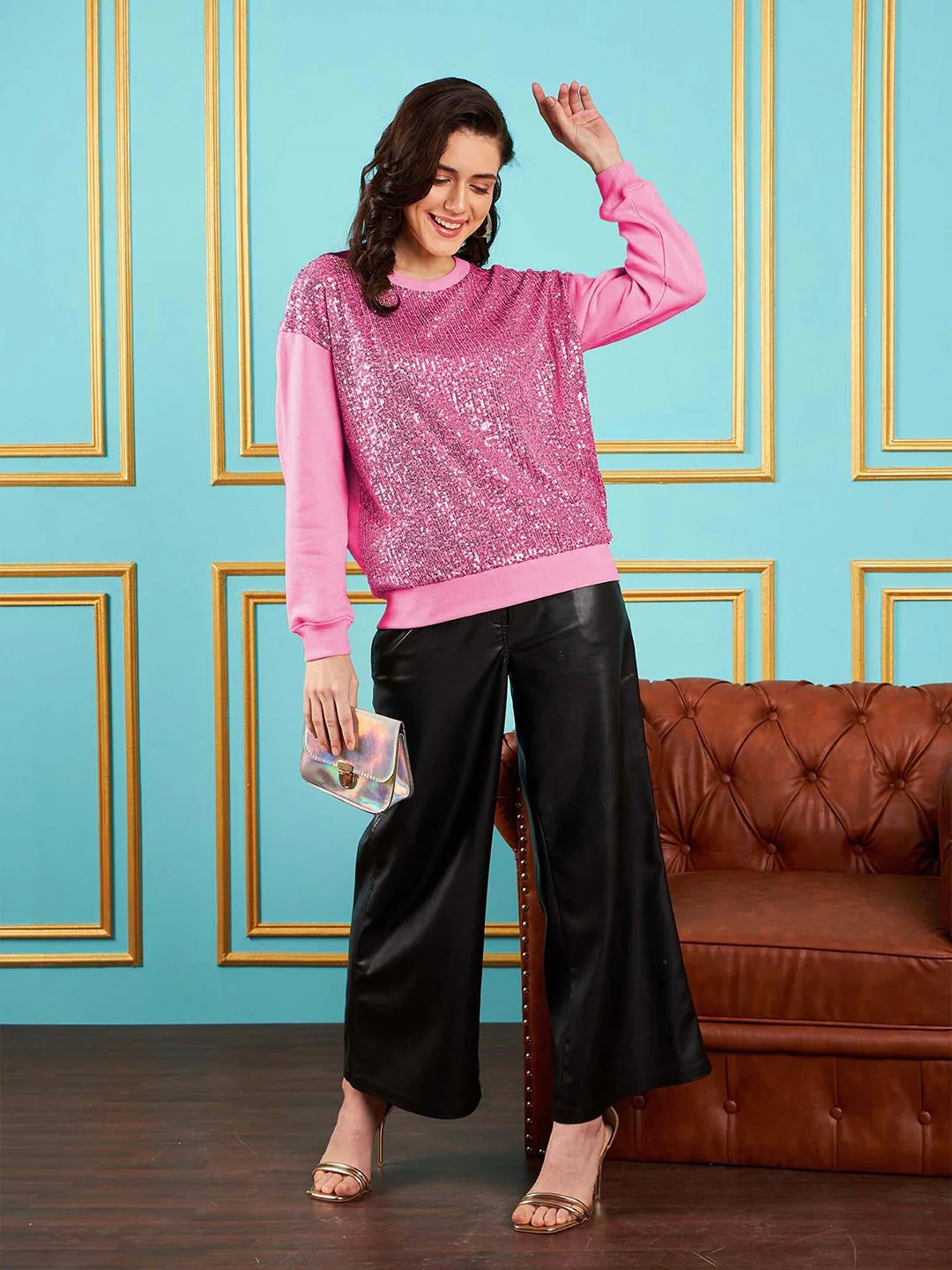 SASSAFRAS Pink Embellished Round Neck Pullover Sweatshirt - Image 4