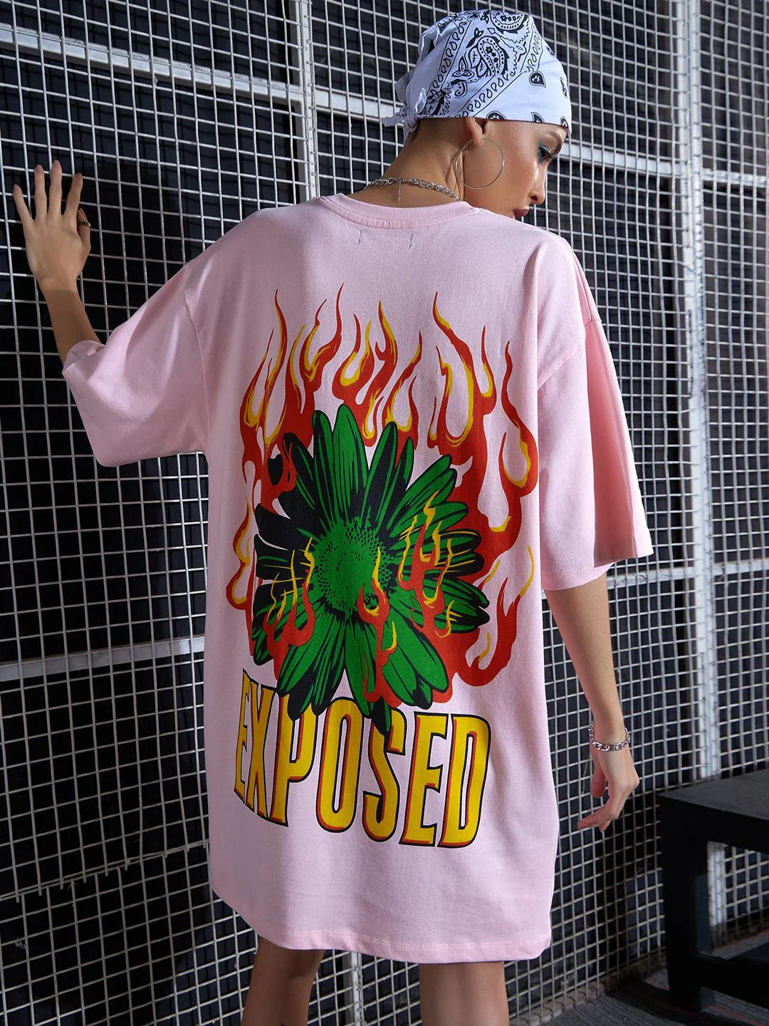 SASSAFRAS Pink Graphic Printed Pure Cotton Oversized T-Shirt Dress - Image 7