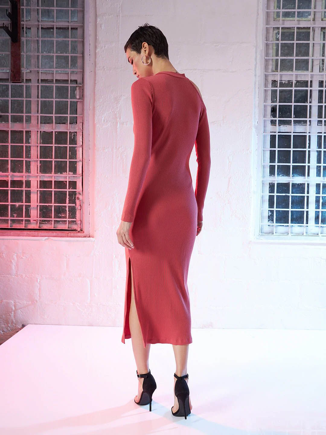 SASSAFRAS Pink Round Neck Long Sleeve Cut-Outs Sheath Midi Dress - Image 5