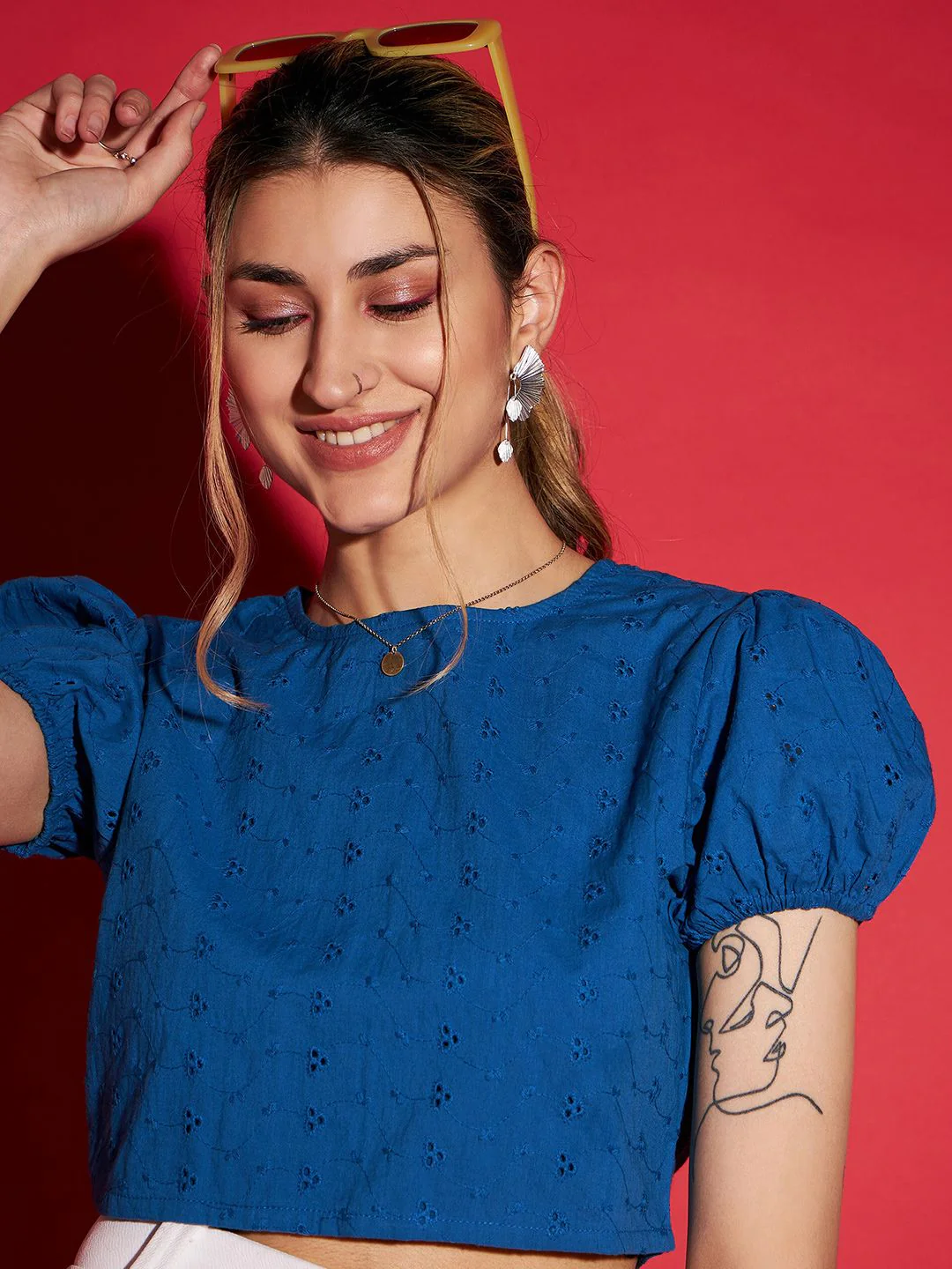 SASSAFRAS Puff Sleeve Cotton Schiffli Crop Top - Image 2