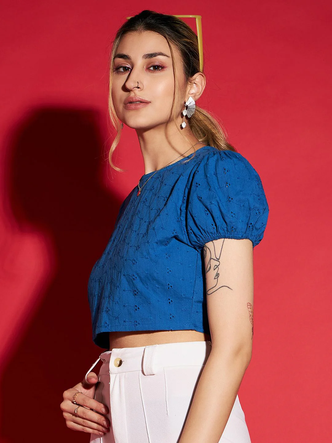 SASSAFRAS Puff Sleeve Cotton Schiffli Crop Top - Image 3