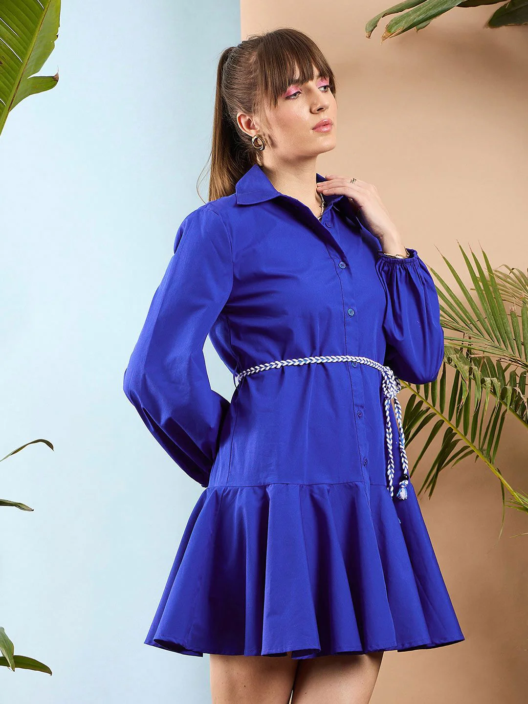 SASSAFRAS Puff Sleeves Belted Cotton Shirt Dress - Image 5