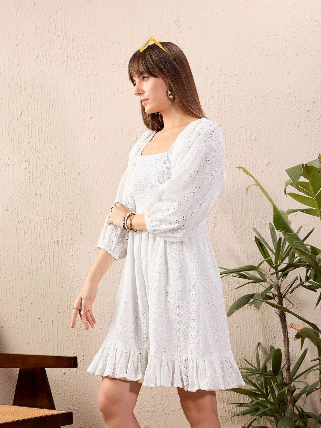 SASSAFRAS Pure Cotton Square Neck Smocked Fit & Flare Dress - Image 5