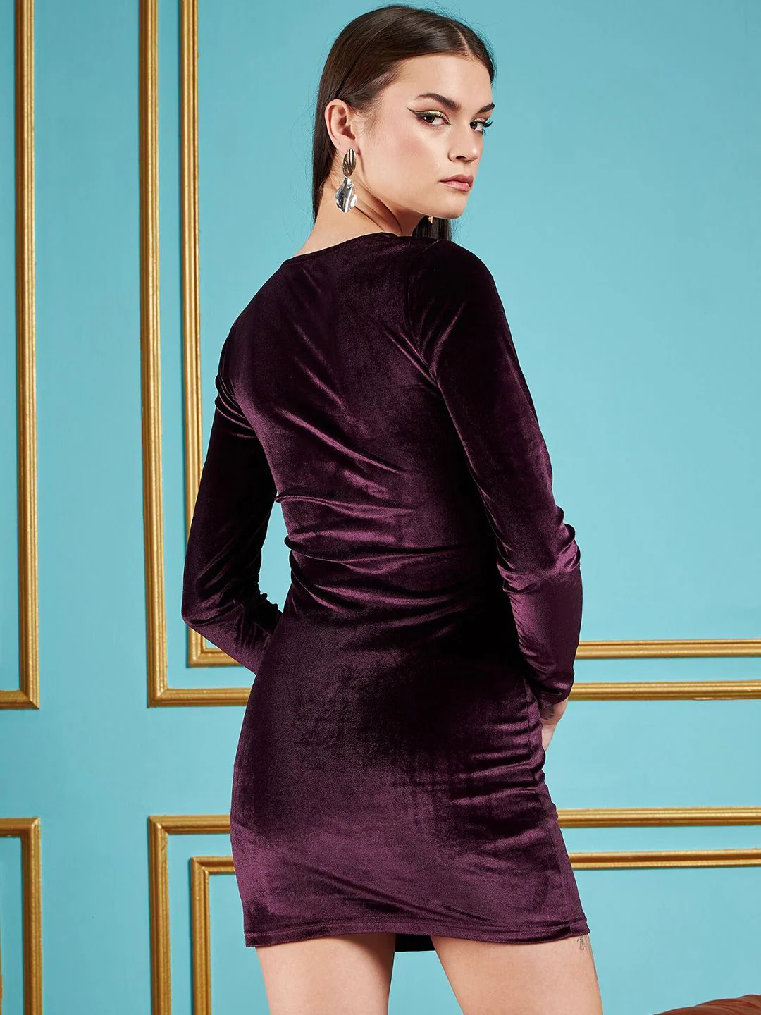 SASSAFRAS Purple Square Neck Gathered Detail Velvet Bodycon Dress - Image 5